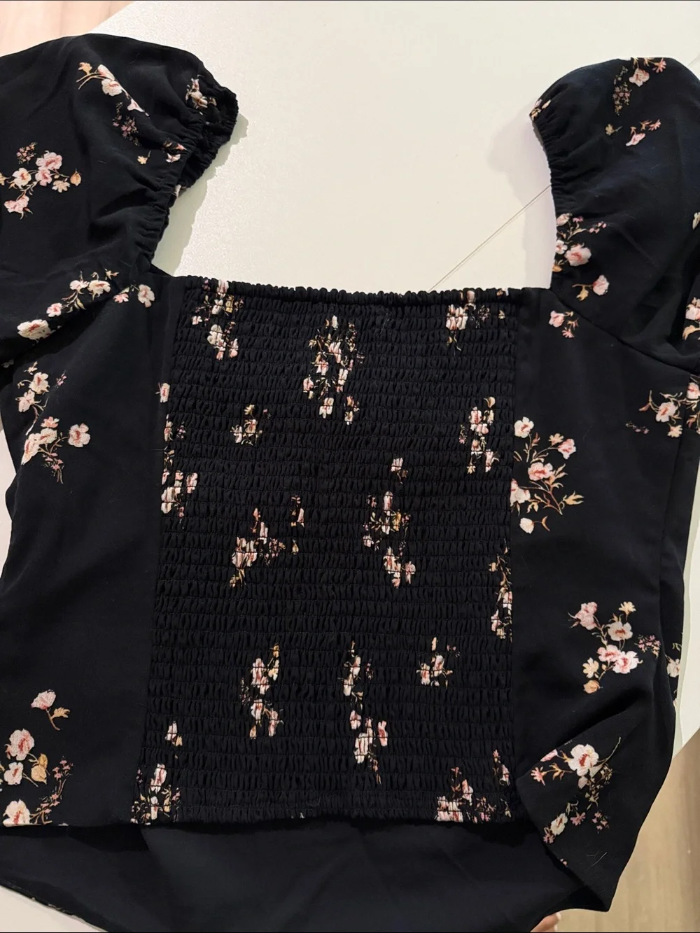 Abercrombie & Fitch Black Floral Puff-Sleeve Top with Pink Blossoms